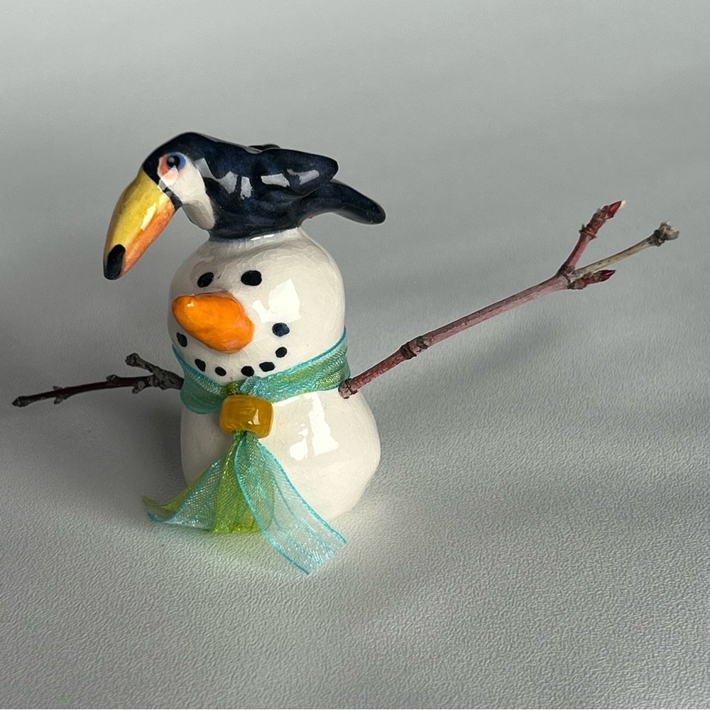 Handmade Ceramic Glazed Tropical Snowman Toucan on Head – One of a Kind Decor